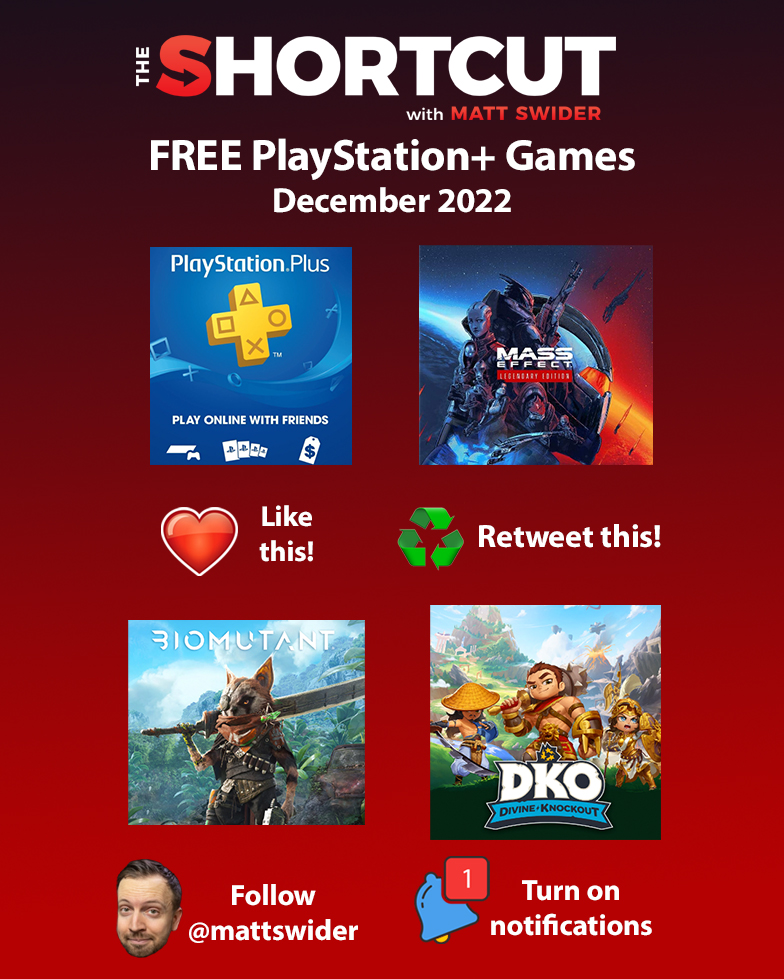 Matt Swider (once-a-day tech deals The Shortcut) Twitter: "🆓FREE PlayStation Plus games for December News @theshortcut https://t.co/GP9bgz1sV7 🪐 Mass Effect Legendary Edition 💥 Divine Knockout 😼 Biomutant ➕PS Plus discount