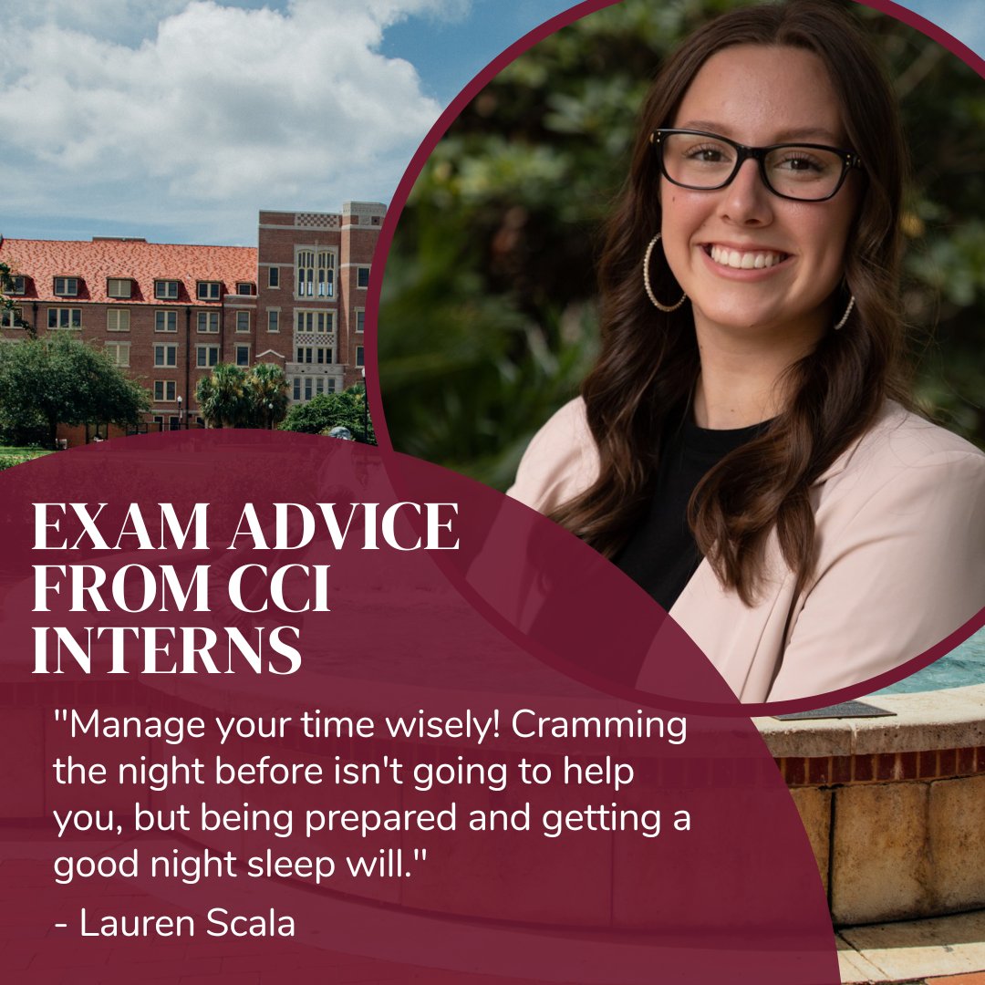 FSUCCI's tweet photo. Exams are right around the corner! But don't worry, our student interns have some #studytips to help you reach the finish line. #examweek #fsu #study https://t.co/FYOIOvkAJU
