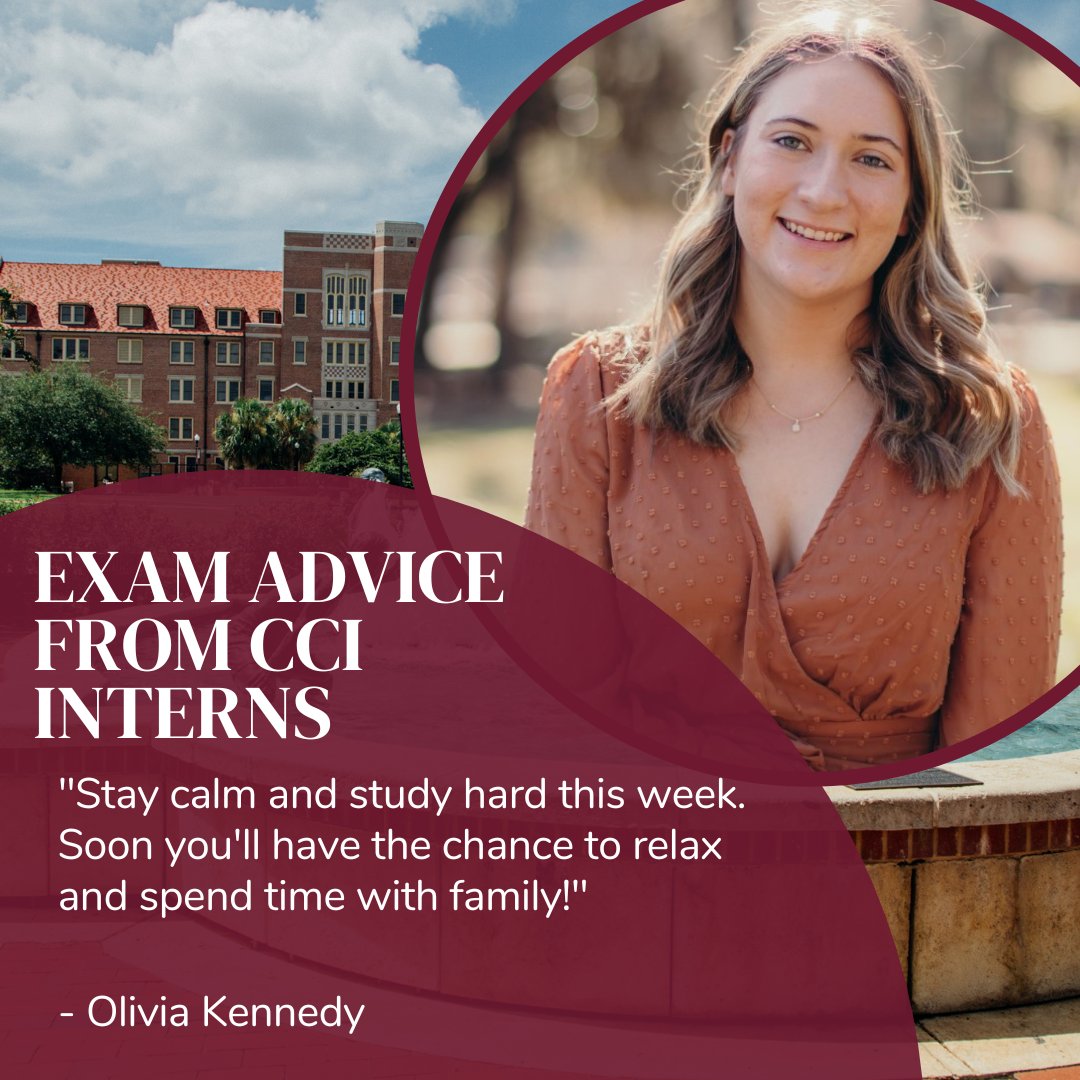 FSUCCI's tweet photo. Exams are right around the corner! But don't worry, our student interns have some #studytips to help you reach the finish line. #examweek #fsu #study https://t.co/FYOIOvkAJU