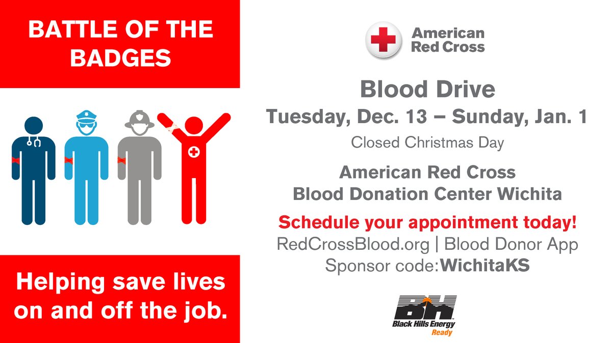 WichitaPolice's tweet photo. It's almost time for the annual Battle of the Badges Blood Drive!
Scheduling is available now, so make sure to make your appointment and vote for police!
#battleofthebadges #blooddrive #wichitapd https://t.co/tYCFSWV7Jv