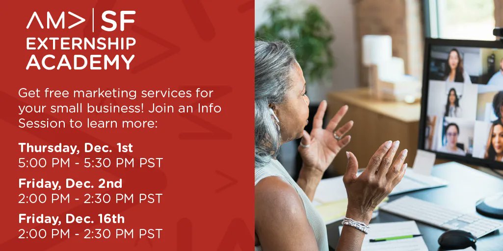 Looking for free marketing help? The AMA SF Externship Program will get you a team of professional marketers to fulfill your marketing needs with no cost. Sign up for our upcoming info sessions here: bit.ly/3GWSrWQ #amasf #marketing