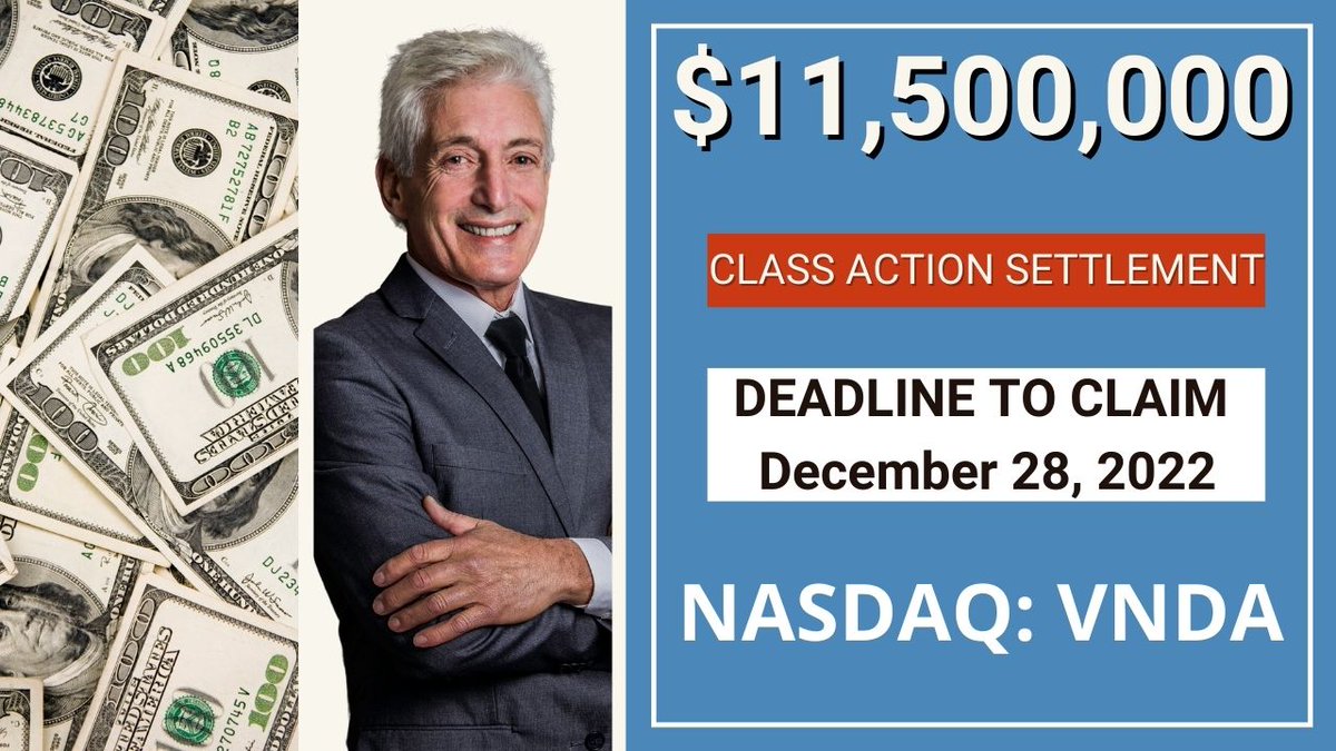 COREClassAction's tweet image. 💲11,500,000.00 Class Action Settlement | VNDA Stock News $VNDA

⚠️ Deadline Next Week ⚠️ December 28, 2022 Click Here To Get Your Proof Of Claim Form ➡️ bit.ly/VNDAStock

 #NASDAQ #NasdaqListed #InvestorAlerts #stocks #stockmarketnews #NYSE #investingtips