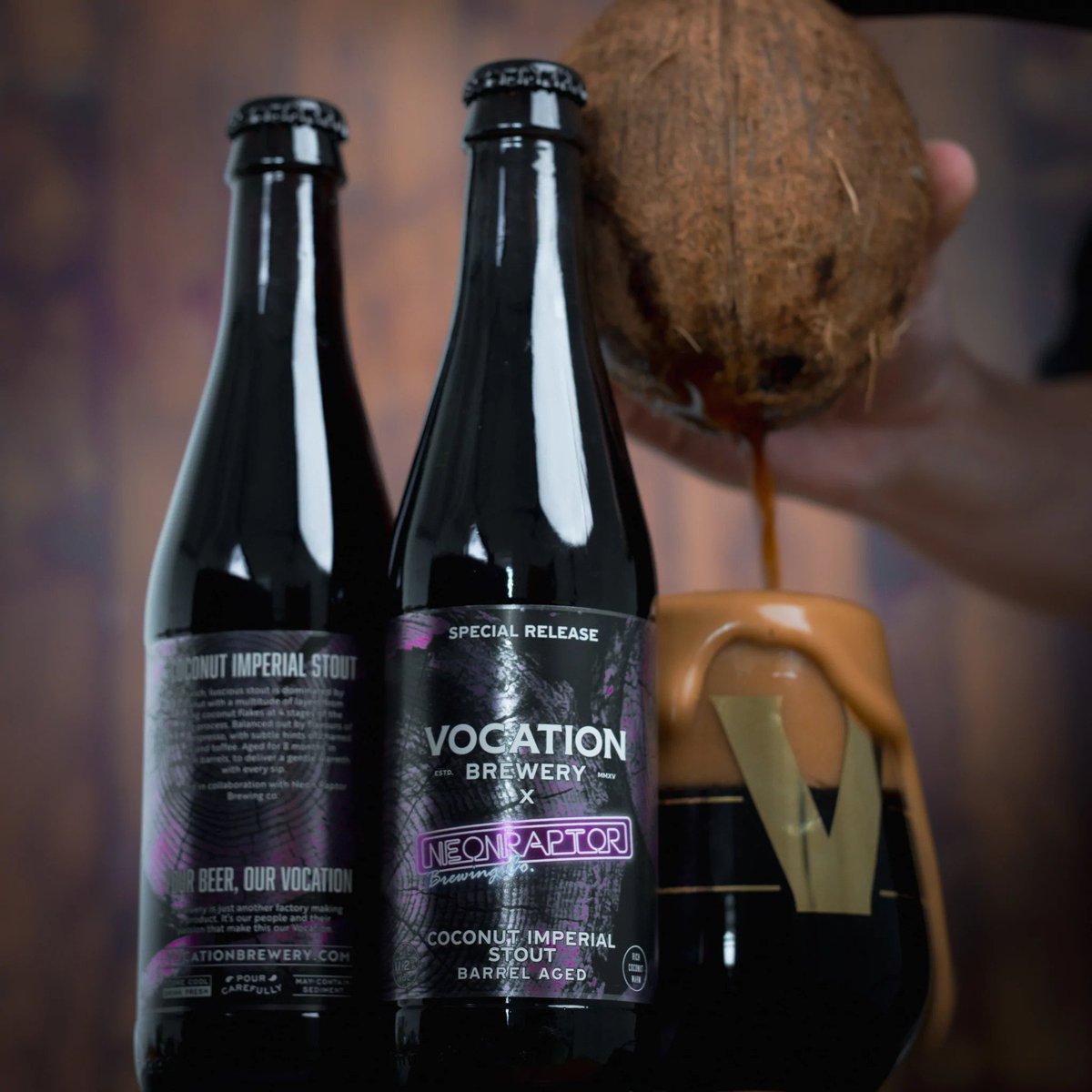 SpiritOfAlba's tweet photo. It's STOUT SEASON!  Now In store.

🍺 VOCATION: Neon Raptor Coconut Stout 
ABV: 11.2%
=================================
🍺VOCATION: Lady of the Glen Smoked Stout 
ABV: 11.5%

330ml Bottles
Allergens: Malted Barley, Wheat, Oats
Dietary Information: Suitable for vegans https://t.co/RXEpXpJhfh