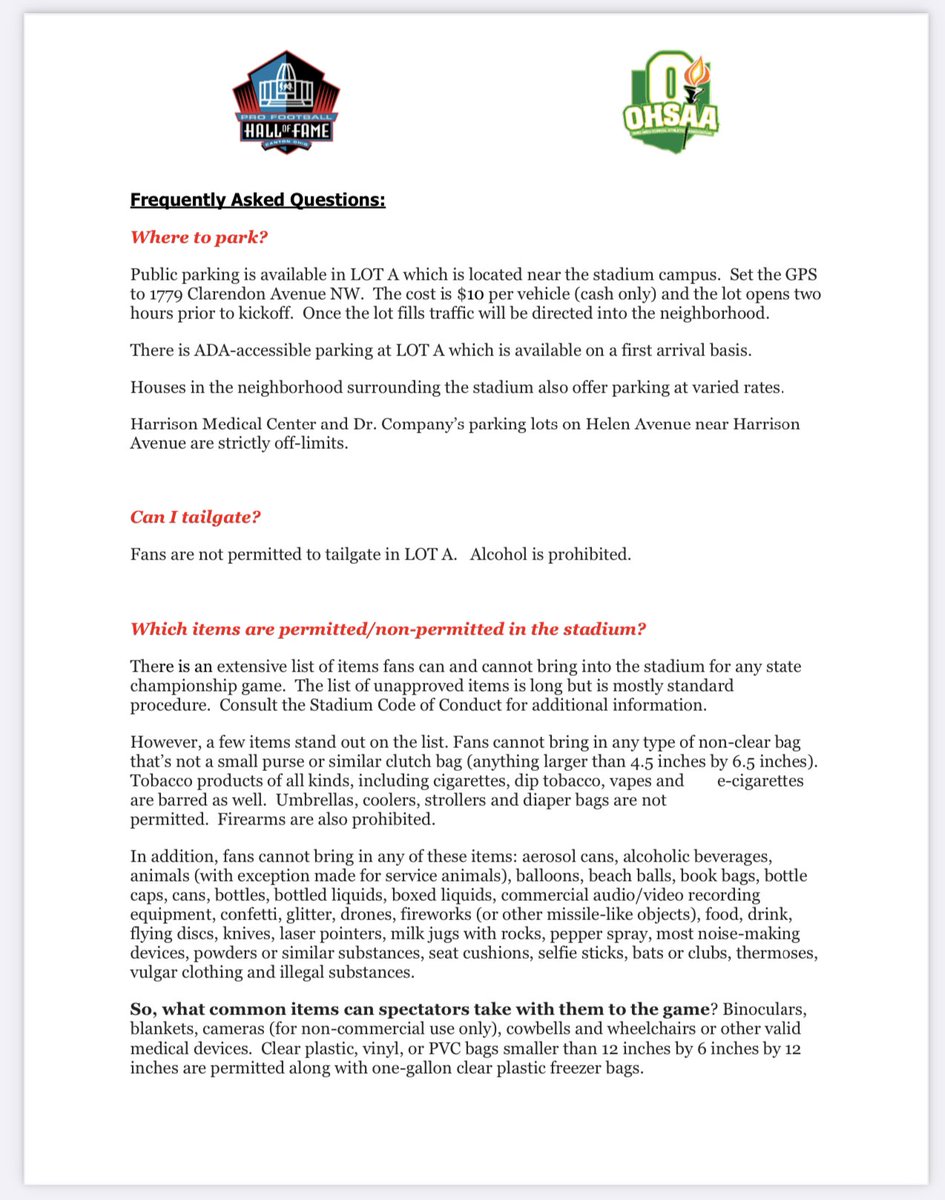 🚨 IMPORTANT INFORMATION 🚨

Attached are four photos containing important information for the Division VI State Championship game.

These include a public parking map, code of conduct, stadium procedures, what you can/cannot bring, and frequently asked questions.

PLEASE SHARE!!