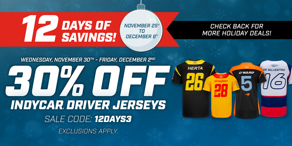 12 Days of Savings continue with 30% off INDYCAR Driver Jerseys.  

Shop &amp; Save Today:  bit.ly/3AyrUv2

**Offer valid online only through 12/2/22 at 10 am ET or while supplies last. Enter code 12DAYS3 at checkout.  Excludes sale jerseys.**