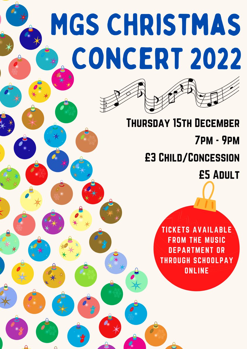 mgsmusic's tweet photo. 🎄🎶 Tickets for the MGS Christmas Concert are available now! 🎶🎄

DATE: Thursday, 15 December
TIME: 7pm start
PRICES: £5 adult / £3 concession

Come to the Music department and speak to Miss Funk to buy tickets! ��🏻 https://t.co/Yb2G8DUB6H