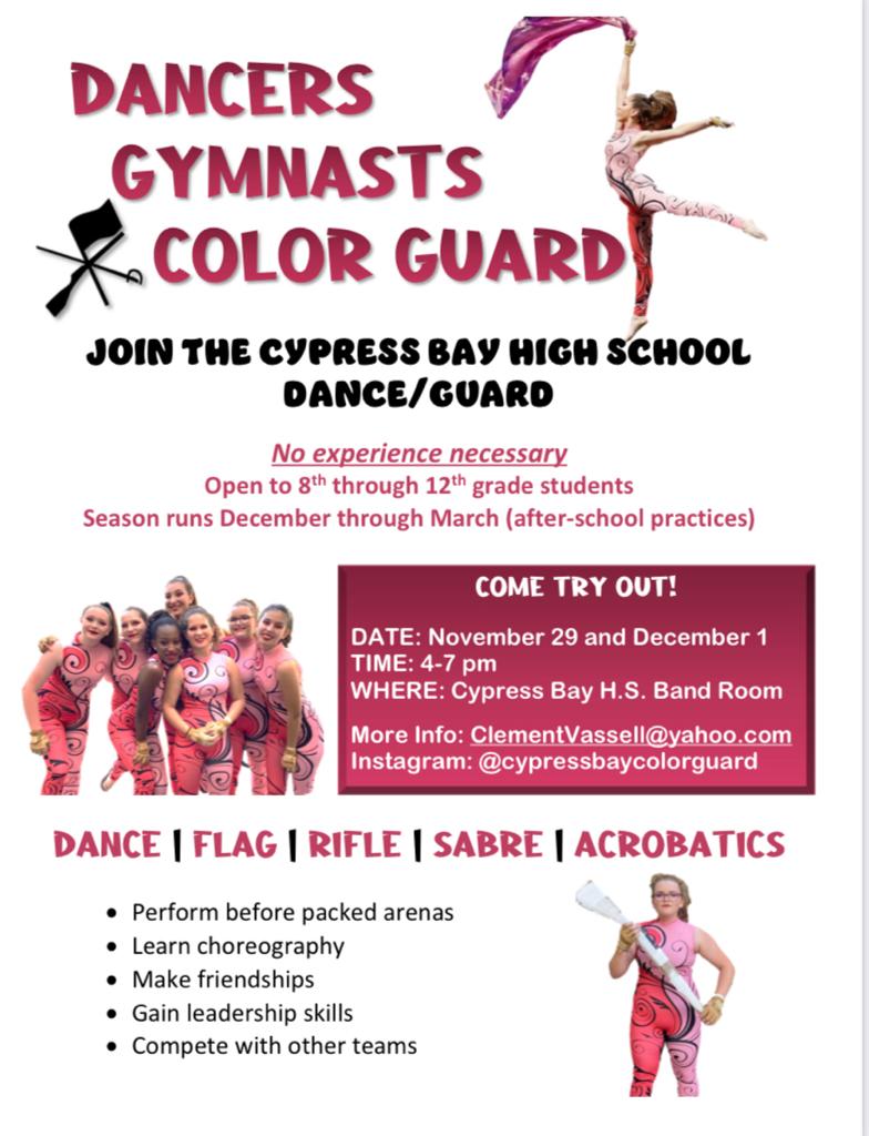 ATTENTION: If you have/are a student that loves to dance, tumble or perform this is it! Thursday, Dec 1st an open try out is being held from 4-7 pm! Winterguard is a great way to make friends and find your place! Open to current 8th - 12th grade students! 
NO EXPERIENCE NEEDED!