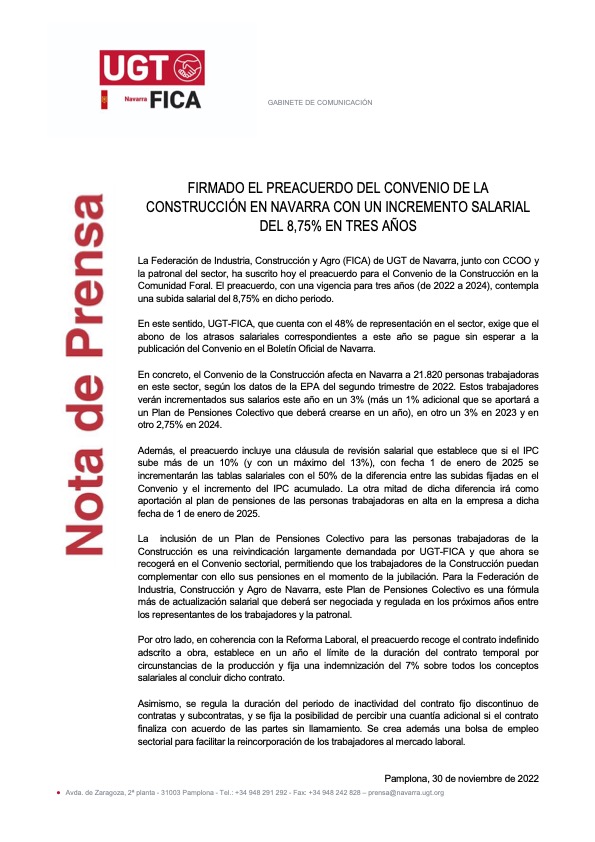UGTFICANavarra's tweet photo. UGT FICA NAVARRA (48% representación en el sector) firma el preacuerdo del Convenio de la Construcción, que contempla una subida salarial del 8,75% en 3 años y tiene cláusula de revisión al IPC acumulado en la vigencia. https://t.co/y7gAKWCYFC
