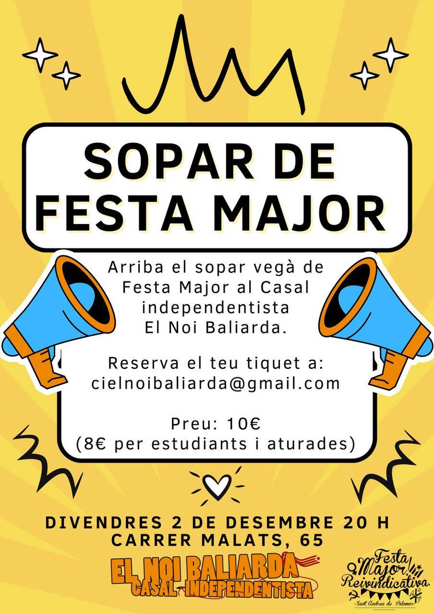 ⌛️Queden pocs dies pel sopar vegà del Casal Independentista <a href="/ElNoiBaliarda/">El Noi Baliarda</a> i encara ets a temps d'aconseguir el teu tiquet!! 🥗

Reserva'l a: 
📩 cielnoibaiarda@gmail.com
💵10 euros (8 per a estudiants i aturades) 

Bon profit! 🤩