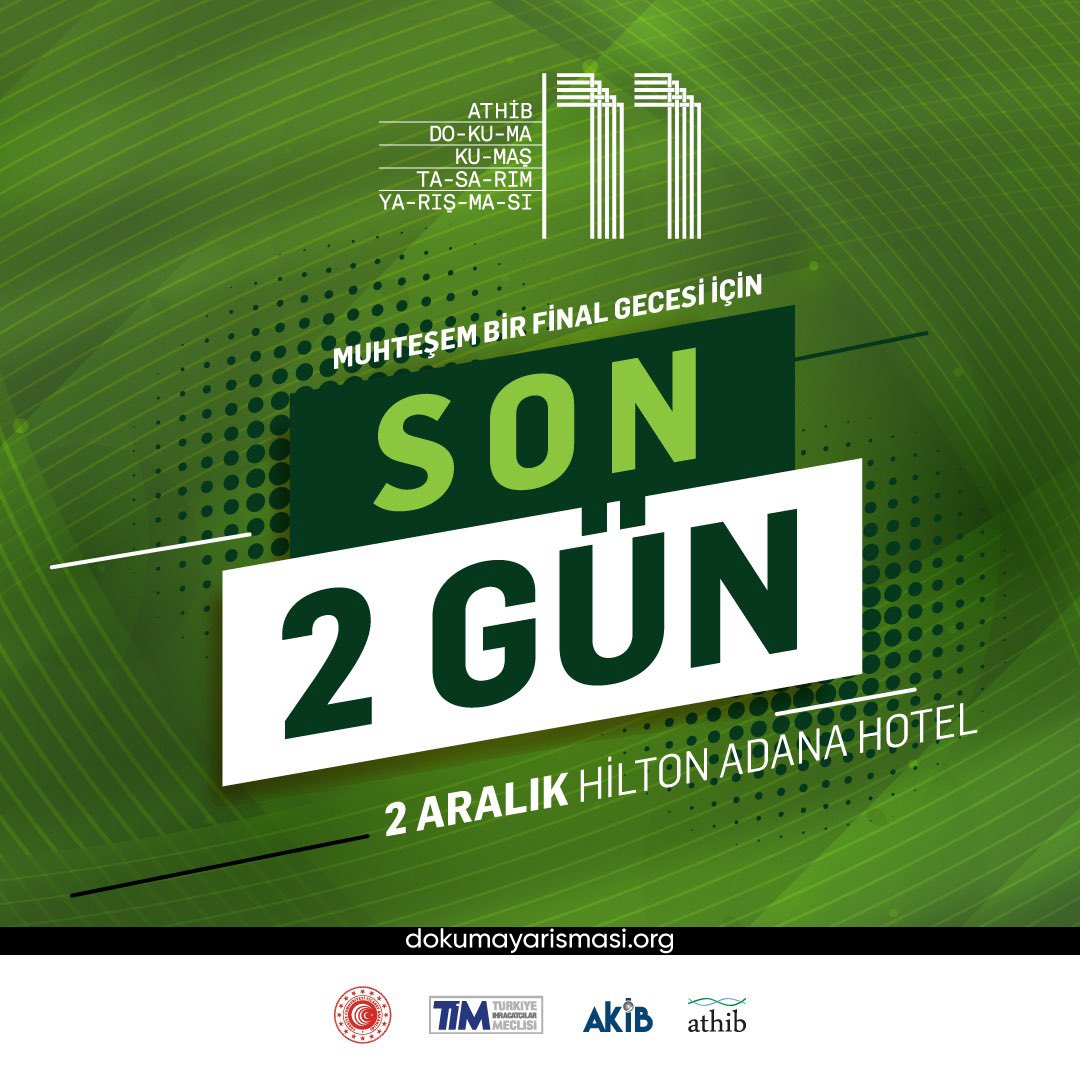 Son 2 Gün!

11. Yarışmamızın Final Gecesi Yaklaşıyor.
Tüm finalistlerimize başarılar diliyoruz.
Final Gecesi 2 Aralık’ta Hilton Adana Otel’de. 
#ATHİB #dokumakumaştasarımyarışması
