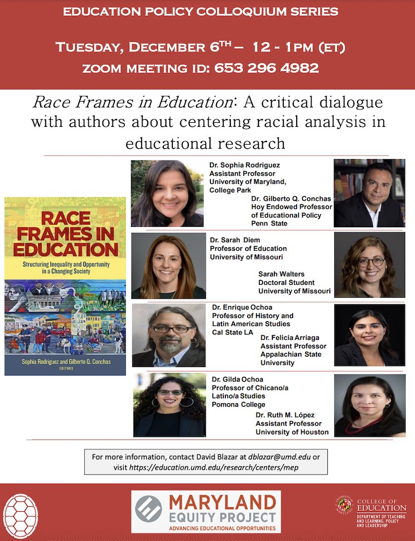 We are thrilled to host a dialogue about our edited book on 12/6. S/O to <a href="/david_blazar/">David Blazar</a> for organizing. See ya'll soon! 🔥🔥 <a href="/FeliciaArriaga/">Felicia Arriaga</a> @Ruth13L <a href="/GildaLOchoa1/">Gilda L. Ochoa</a> <a href="/EC8A82/">Enrique C. Ochoa</a> @sarahdiem35 <a href="/ogdiatumd/">OGDI UMD</a> <a href="/UMDCollegeofEd/">UMD College of Education</a> <a href="/UMDResearch/">UMD Research</a> @doctorkag <a href="/DrNihatPolat1/">Dr. Nihat Polat</a> tcpress.com/race-frames-in…
