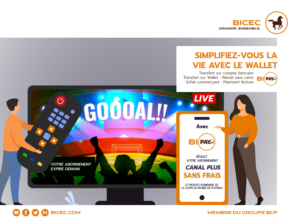 BICEC_SA's tweet photo. [BIPAY]

C'est la fin du mois ! 
Rassurez-vous de ne rater aucun match de la coupe du monde en réglant votre abonnement TV par votre wallet   BIPAY.

#bicec
#GrandirEnsemble
#Bipay https://t.co/E6YDtQRgmo