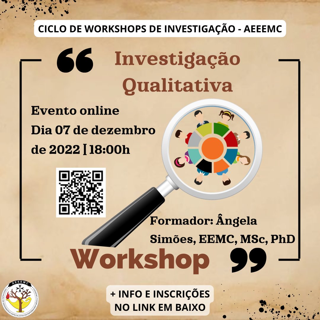 AEEEMC1's tweet photo. ATENÇÃO!! 📣
A AEEEMC apresenta o quarto workshop de investigação.
Mais informações, clique no seguinte link https://t.co/TLxkrqjGJx.
#AEEEMC #enfermagem #especialistas #medicocirurgica #workshop #ciclodeworkshopsdeinvestigacao https://t.co/ULoHKM3k1W