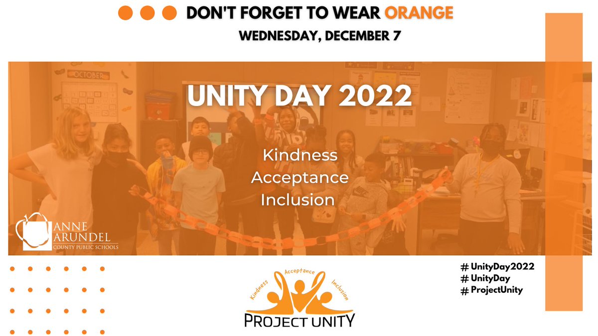 AACountySchools's tweet image. #UnityDay is coming!
Don&apos;t forget to wear orange on Wednesday, December 7 to show your support and celebration of Unity Day. 
Kindness - Acceptance - Inclusion
#UnityDay2022 #ProjectUnity #AACPSAwesome