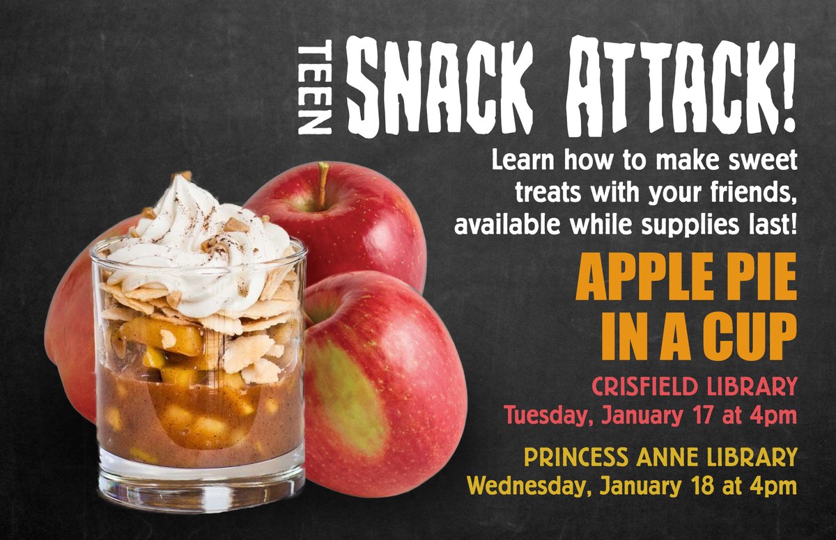 SomersetCounty1's tweet photo. Learn how to make sweet treats with your friends, available while supplies last! This month, we will be making apple pie in a cup๐๐ #snackattack #teenspace #applepie #snackmaking https://t.co/BimgzhFNPE