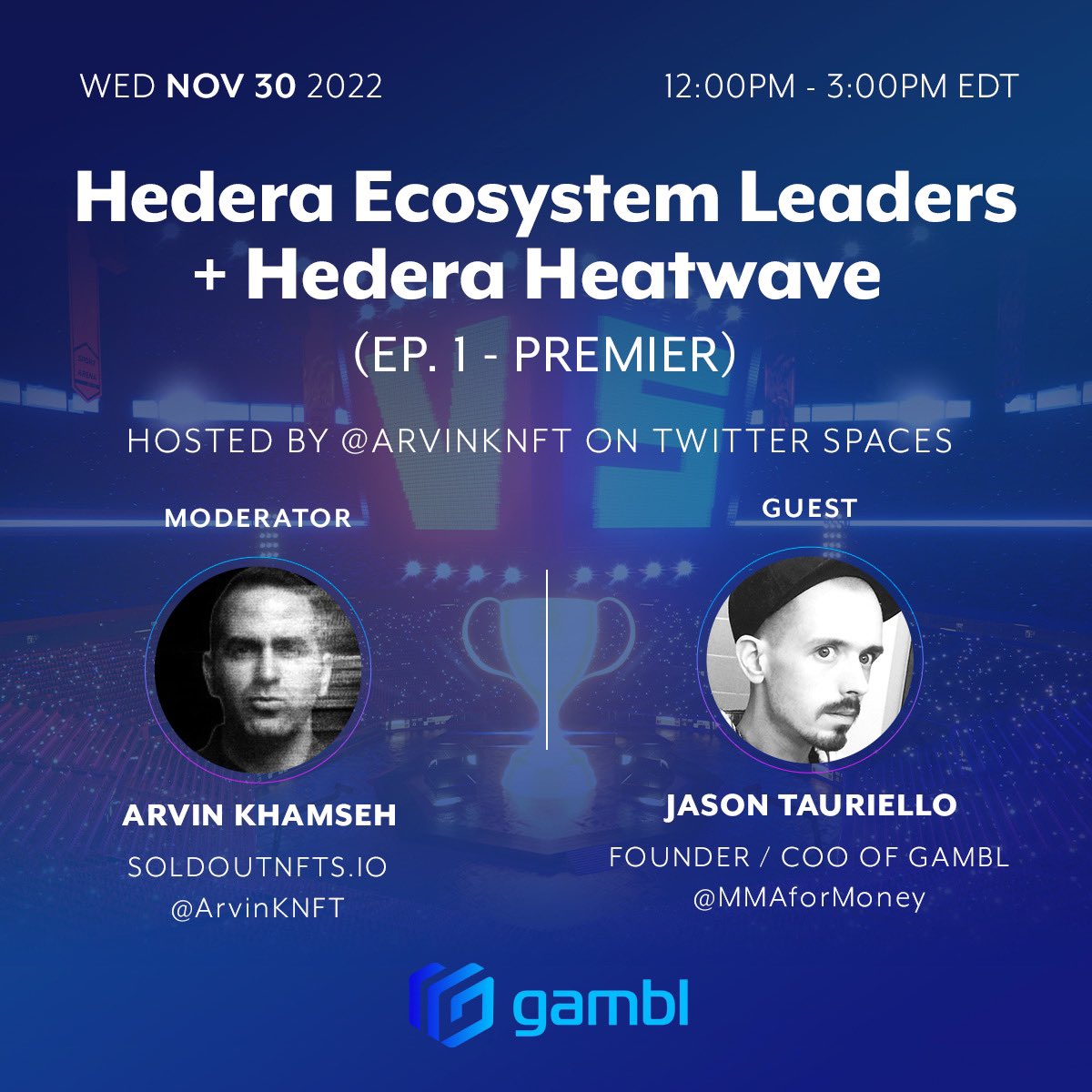 Come join us, on Twitter Spaces, from 12:00pm EDT - 3:00pm EDT! As Jason Tauriello, COO of GAMBL.io, joins #SpacesHost <a href="/ArvinkNft/">Arvin Khamseh</a>, to discuss co-founding <a href="/GAMBL_io/">GAMBL</a>, the @Hedera Ecosystem, and the world of #Crypto! #GamblingTwitter 

x.com/i/spaces/1zqJV…