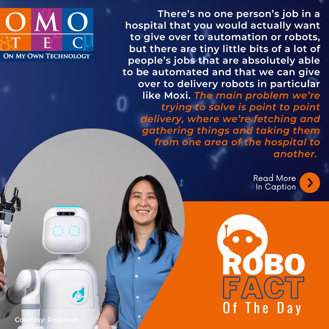 OMOTECHINDIA's tweet image. The main problem we’re trying to solve with Moxi is] point to point delivery, where we’re fetching and gathering things and taking them from one area of the hospital to another -  Dr. Thomaz.

Source: Robohub

#robofact #WorkOfFuture #onlinecourses #artificialintelligence #edtech