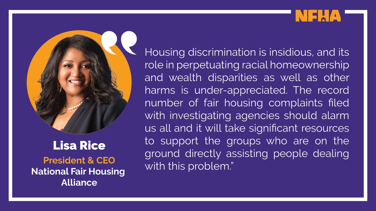 ItsLisaRice's tweet photo. Today @natfairhouse released the #FairHousing Trends Report wh/ documents the highest # of hsg discrimination complaints since this data has been collected. It follows years of unprecedented attacks on civil rights. We can change the paradigm. Read how - https://t.co/sZVH5obFI8 https://t.co/Ako9J1mBfR
