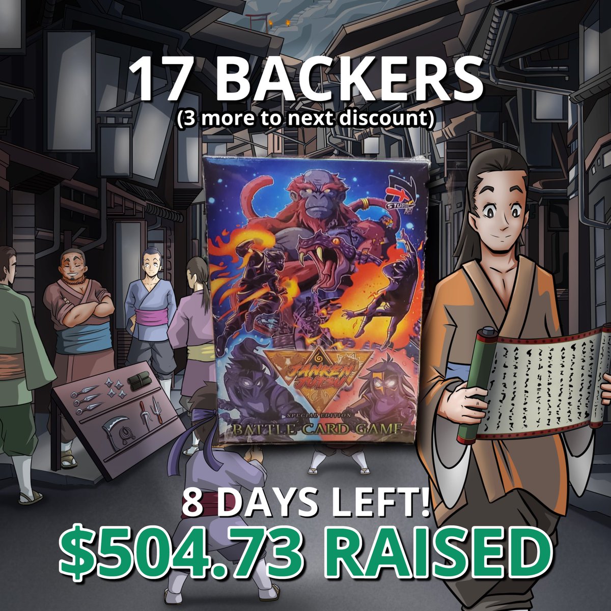 JankenJutsu's tweet photo. We just hit 17 backers! Only 8 days left to get Janken Jutsu for a special discount.

#jankenjutsu #ninjas #rockpaperscissors #rps #anime #manga #cardgames #tabletopgames #fightinggames #cardgamesfor2players #ninjacardgames #jkj
#fightcardgames #gamers #comicsandanimation https://t.co/E3oCbvaEts