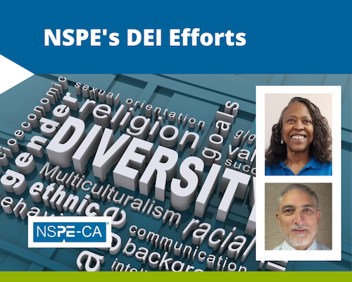 NSPECalifornia's tweet photo. Even if you couldn't attend, you can still watch NSPE-CA's presentation on NSPE's DEI efforts. Jacquelyn Brooks, P.E., and Ken Discenza, P.E., discuss why DEI is important to engineering and what NSPE is doing in that space. Use passcode: r^#YQV$6 https://t.co/XcKVjbJqaN https://t.co/4vnGPflgGH