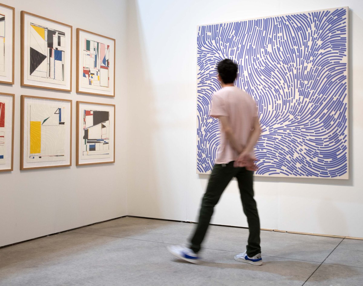 tylerxhobbs's tweet photo. Terribly excited to show Return One [Blue], my largest painting on canvas to date. It took months of experimentation to fine-tune the techniques that went into this painting. It’s a real pleasure to see it in person with all the beautiful artifacts of the painting process. https://t.co/ktEjlv4Pza