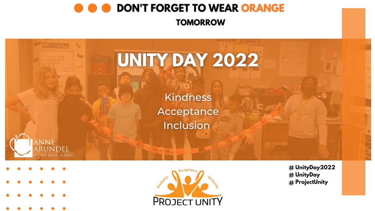 AACountySchools's tweet image. Tomorrow is #UnityDay!
Don&apos;t forget to wear orange to show your support and celebration of Unity Day. 
Kindness - Acceptance - Inclusion
#UnityDay2022 #ProjectUnity #AACPSAwesome