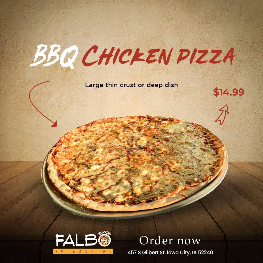 realFalbosIC's tweet photo. Falbo Brothers Pizzeria offers you a large deep dish or thin crust BBQ chicken pizza at just $14.99. All you need to do is order on Wednesday!
https://t.co/gpB0camUkt

#WednesdaySpecial #Pizza #ChickenPizza #BBQChikenPizza #OrderOnline #Iowacity #FalboBros #ThinCrust #Specials https://t.co/94yKLTeWrY