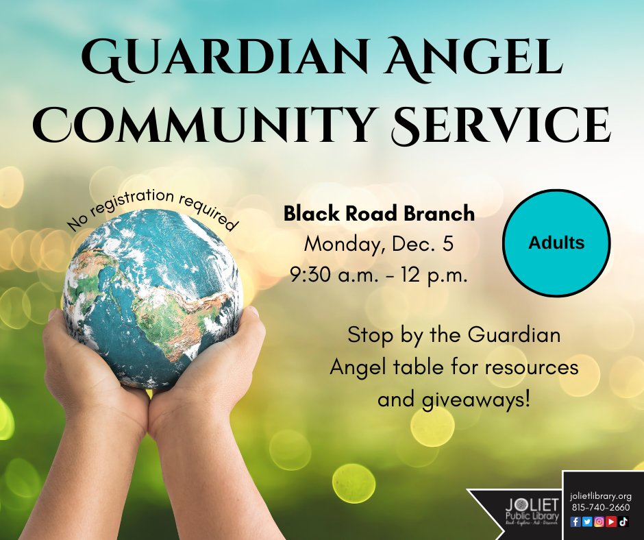 Stop by the Guardian Angel Community Service table at Black Road on Monday, Dec. 5, for resources and giveaways! #jolietlibrary #communityservice