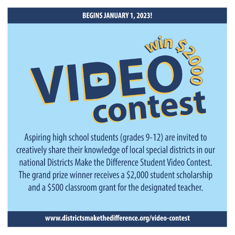 LocalDistricts's tweet photo. Aspiring high school students (grades 9-12) are invited to creatively share their knowledge of #SpecialDistricts in our national #DistrictsMakeTheDifference #StudentVideoContest.
The grand prize winner receives a $2,000 student scholarship.
Learn more: https://t.co/2OaBxyyxwQ