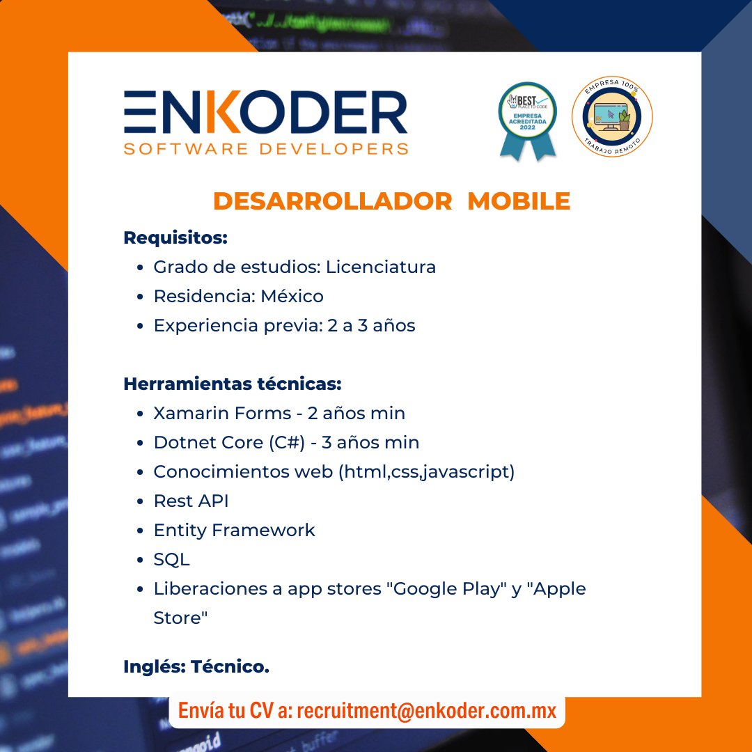 EnkoderD's tweet photo. "Desarrollador Mobile" ๐งโ๐ป๐ฉโ๐ป envรญanos tu CV a recruitment@enkoder.com.mx
#MobileDeveloper #mobiledevelopment #developer #SQLServer #software #engineer #XamarinDeveloper #Xamarin #XamarinForms #recruitment #sql #cv #javascript #vacante #html #css #google #flextime https://t.co/IVTg1I4qOr