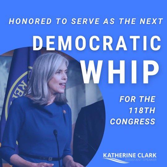 WhipKClark's tweet photo. I ran for Congress to be a voice for women, families, and working people. 
When I’m at the table, so are you.

I am humbled and honored to serve the American people as the @HouseDemocrats Whip for the 118th Congress. https://t.co/cUpke5XhLV