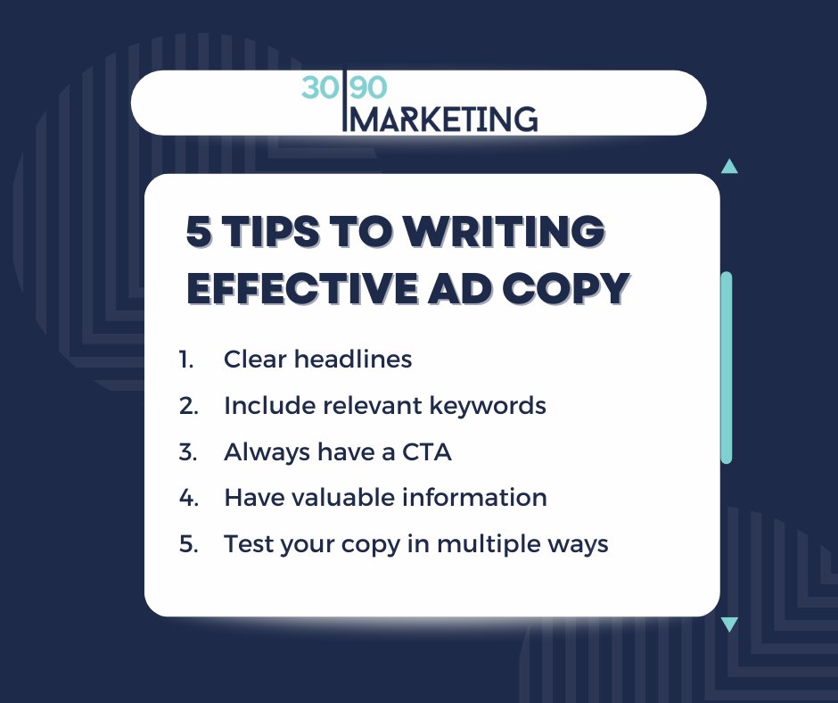 3090_Marketing's tweet photo. Having effective ad copy is important to drawing in your audience to your services or products. Consider these tips next time you are writing your copy!
#adcopy #writingcopy #writecopy #copywriting #marketingtips #improveyourmarketing https://t.co/yF1hdZWB8V