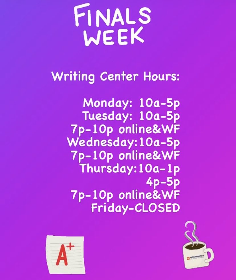 UNCP_WC's tweet image. Writing Center Hours during Exam week. 🎓☕️📚🎓
Good luck Braves!
See uncp.edu/writing to schedule an appointment.