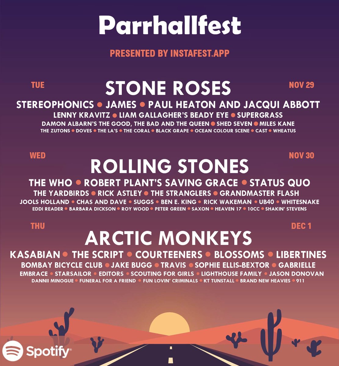 🎶 PARR HALL FEST  🎶

⚠️ JUST FOR FUN - NOT REAL ⚠️

We've been inspired by instafest.app that allows you to create an imaginary music fest based on your Spotify listens

So we decided to create our own poster with some of the biggest artists that have played here 🤘🔥