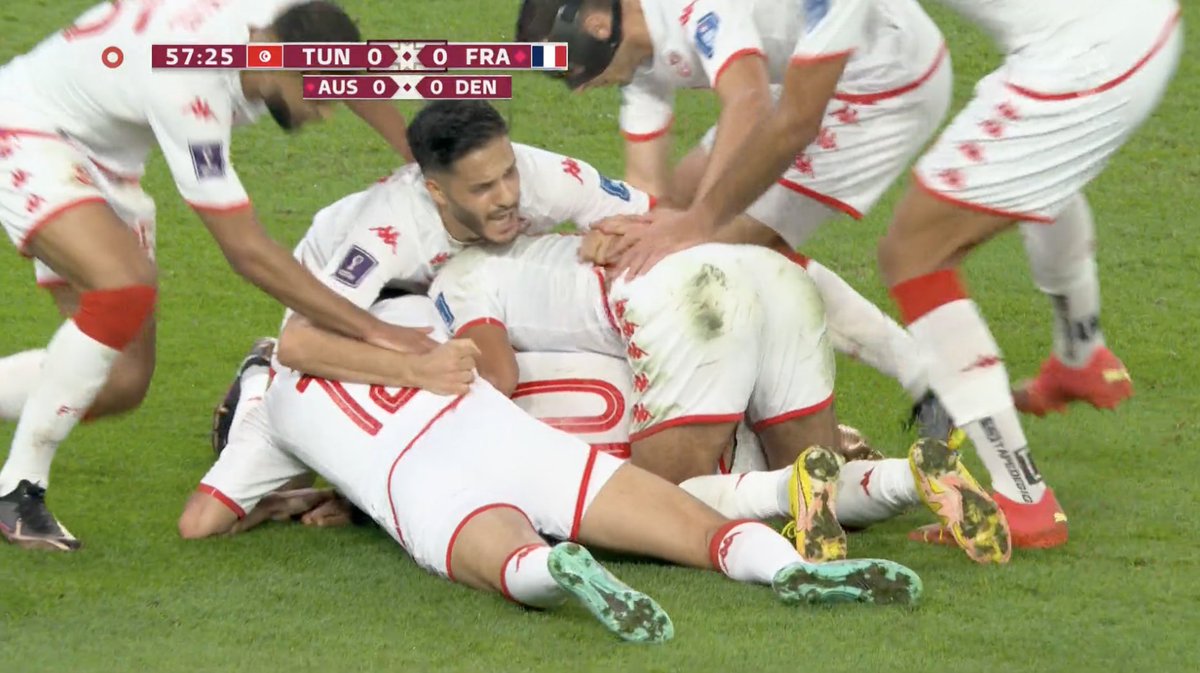 frankhuzur's tweet photo. Word of the Day for #France in #FIFAWorldCupQatar2022
Is #NOVEMBERISH (adj.) gloomy, melancholic as  #Tunisia 🇹🇳 beat their former colonist, France, 1-0.
 Tunisia played courageously, but it was not enough to see them through. #Tunisian fans unfurled a huge #FreePalestine flag. https://t.co/DFwQK87JtP
