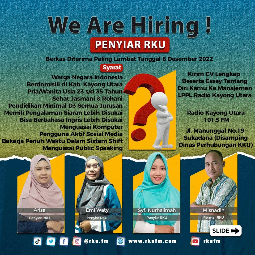 Mari Bergabung Bersama Radio Kayong Utara Sebagai Penyiar.

Jangan lupa Share ke Teman, Sahabat dan Keluarga yang belum memiliki Pekerjaan...