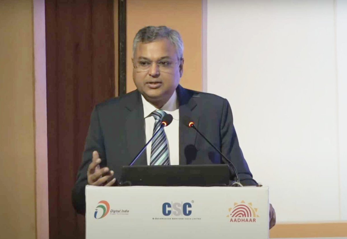UIDAI's tweet image. Dr. Saurabh Garg, @ceo_uidai, addressed the &apos;National Workshop on Aadhaar Services through CSC&apos; organised by CSC e-Gov. He said CSCs have played a key role in the Aadhaar ecosystem &amp;amp; are an integral part of the Digital India mission. #Aadhaar &amp;amp; CSCs are promoting ease of living.