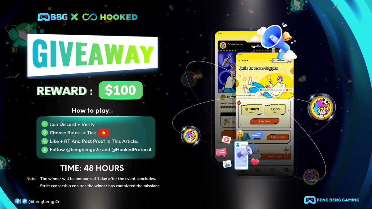 bengbengp2e's tweet photo. BBG X HOOKED #GIVEAWAY 🚀🚀

🎁 Prize: $100 in $HOOK for 10 winners.

Rules:
1⃣ Join Discord: https://t.co/CF1OceSbH7 -> Verify ✅
2⃣ Choose Rules -> Tick icon 🇻🇳
3⃣ Like +RT and Post Proof In This Article
4⃣ Follow @bengbengp2e &amp; @HookedProtocol
 
Good Luck 🥰

#HookedProtocol https://t.co/wgYwtVh3ff