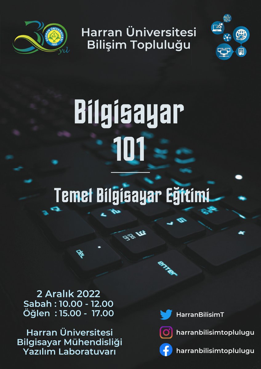 Bilişim Topluluğu Kulübü tarafından düzenlenen Bilgisayar 101 eğitimimizde temel bilgisayar kullanımı ve bilgisayarın işleyişi konusunda eğitim verilecektir. Sizleri de bu eğitimde görmek isteriz.

Katılmak için bu formu doldurabilirsiniz: form.jotform.com/223177025171045