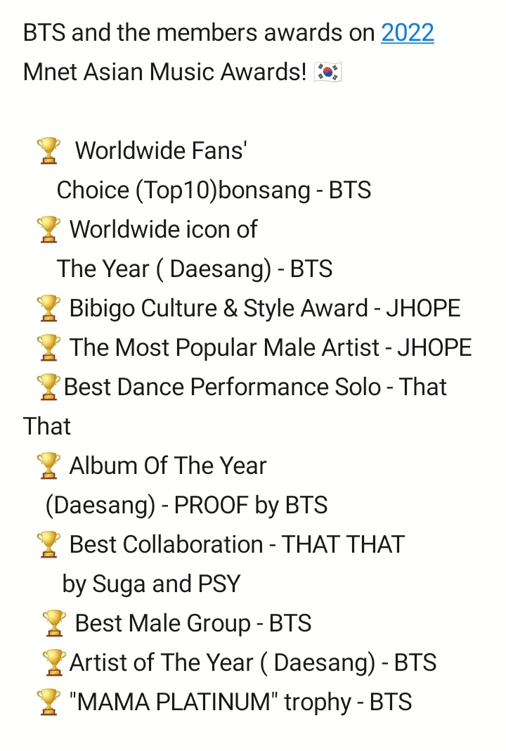 btssomma's tweet photo. 🔥 BTS ( group + solo) has won  total 10 Awards on 2022 MAMA AWARDS!!!

#BTS #방탄소년단진
@BTS_twt #MAMA2022 https://t.co/xZGWlBtqrb