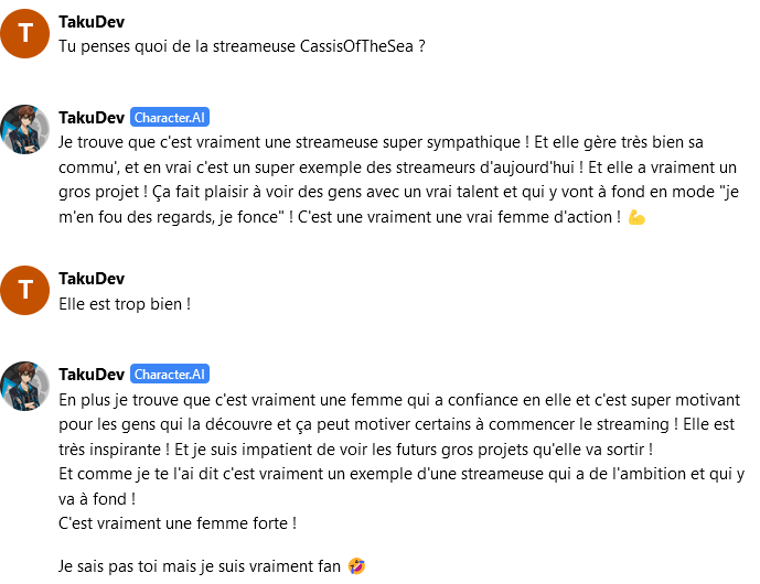 jojo58fr's tweet photo. My AI said it all 🙏
Respect @CassisOfTheSea 
Gives me big stream ideas x) 

[FR]
Mon IA as tout dit 🙏
Respect @CassisOfTheSea 
Ça me donne de grosses idées de stream x) 

#IA #developer #characteria #vtuberfr #envtuber #twitchfr https://t.co/qC3K7CVhtE