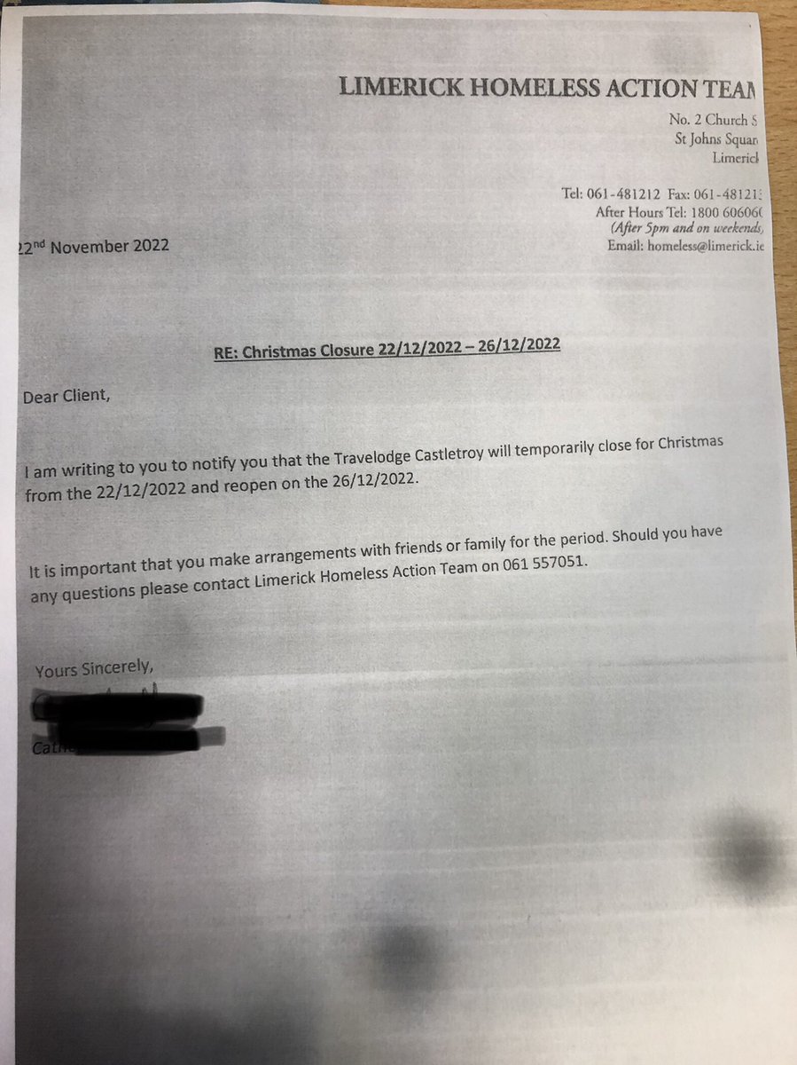 Ci_Kane's tweet image. Takes a lot to shock me… @LimerickCouncil Housing Support gave this letter to homeless families living in Limerick’s Travel Lodges. A notice to not only vacate their emergency accommodation over Christmas but to sort themselves out. In an accommodation crisis. The distress…