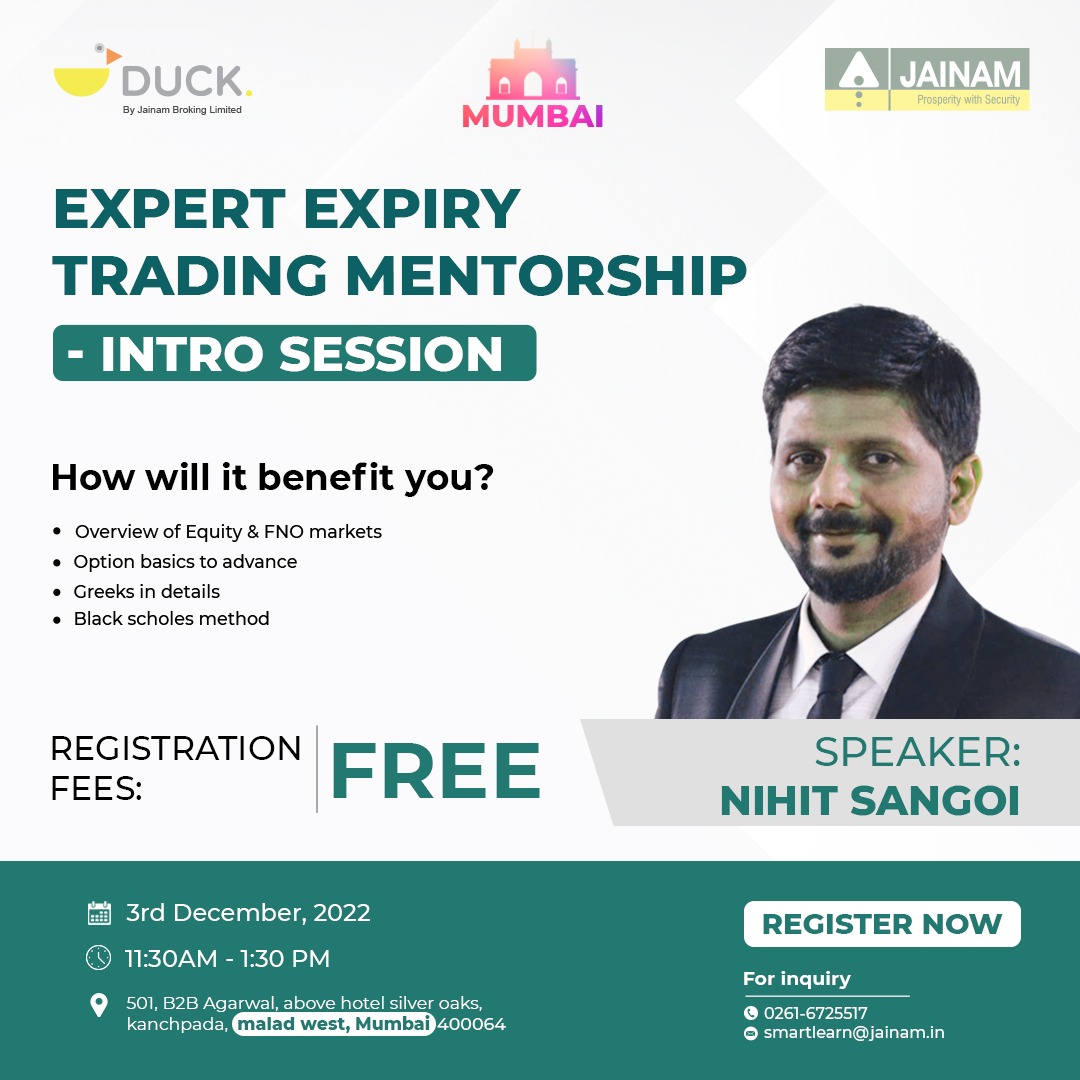 jainambroking's tweet photo. Meet Nihit Sangoi in Mumbai
We are coming up with an amazing free introductory session On Expert Expiry Trading Mentorship
Registration link:https://t.co/gFU25ZugRZ
For inquiry 
0261-6725517
smartlearn@jainam.in 
#jainambroking #smartlearn #systemtrader #trader #wealth #forex https://t.co/dXa6qlGf51