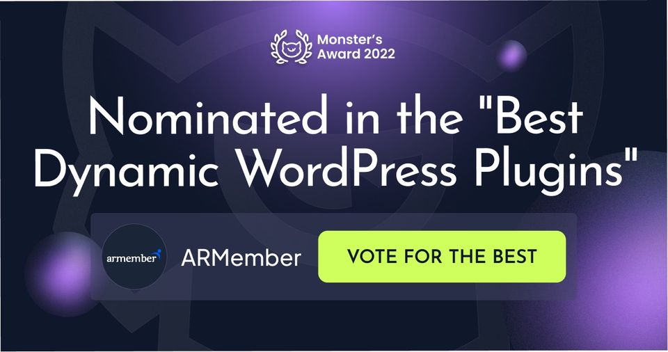 We have participated in the “Best Dynamic WordPress Plugins” award by Template Monster.

We need your small favor to win a Monster`s Award.

Vote now to the ARMember: 
templatemonster.com/awards/categor…

#Award #Membershipplugin #ARMember #WordPress