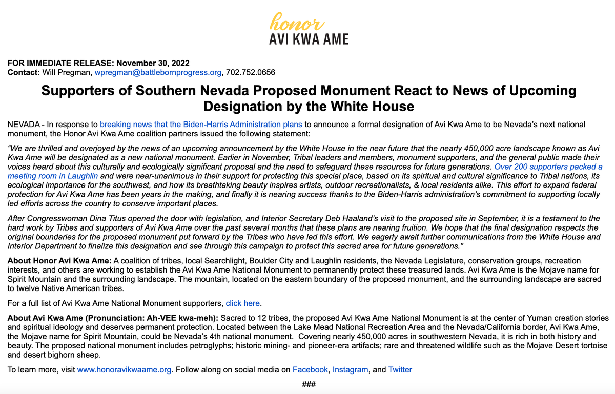 #BREAKING: @HonorAviKwaAme coalition gives statement on the news of upcoming announcement from @POTUS on plans to designate #AviKwaAme as a national monument at White House Tribal Nations Summit. #HonorAviKwaAme