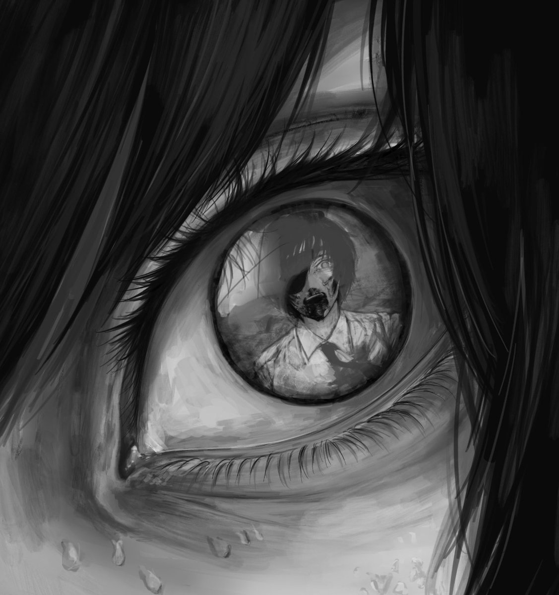 himeno (chainsaw man) monochrome greyscale reflection looking at viewer eye focus collared shirt eyepatch  illustration images