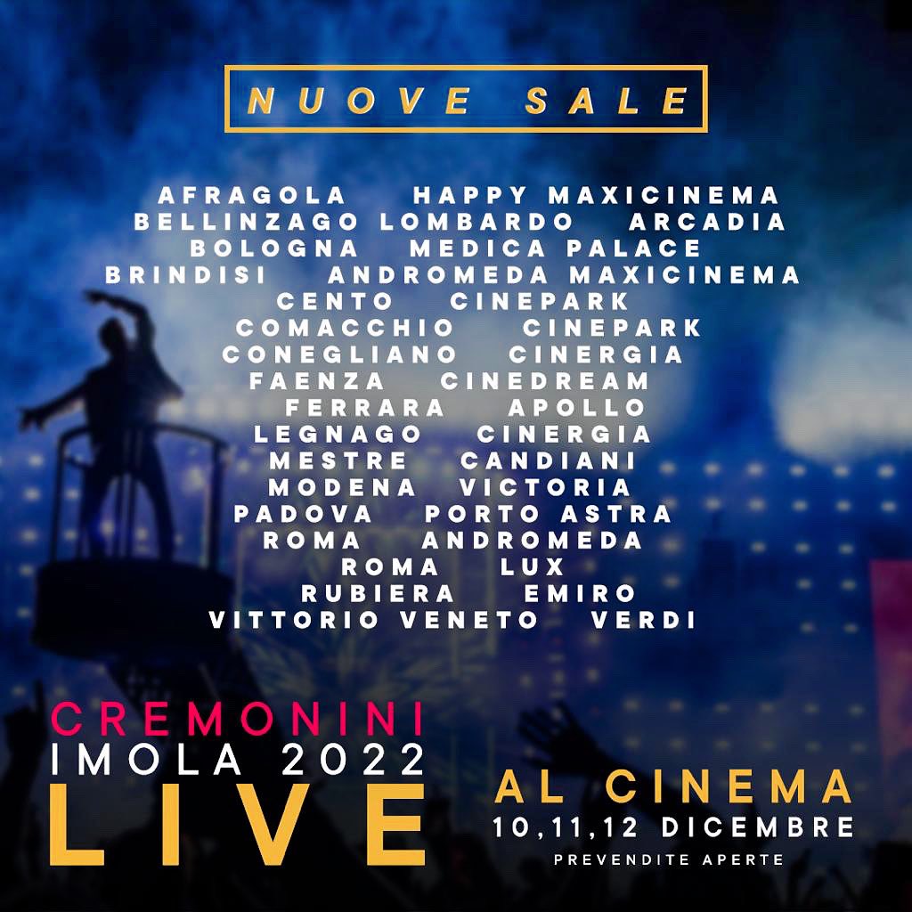 Nexo_Digital - RT <a href="/CremoniniCesare/">Cesare Cremonini</a>: Per la grande richiesta di partecipazione stanno aumentando le sale che proietteranno #CremoniniIMOLA2022. Ecco i nuovi cinema e le città in cui è possibile prenotarsi! 🍿🍿🍿@Nexo_Digital <a href="/LiveNationIT/">Live Nation Italia</a> <a href="/RadioItalia/">Radio Italia</a>