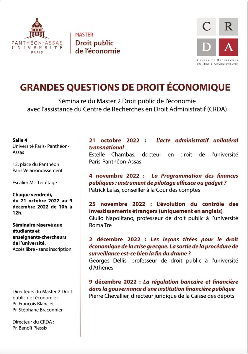 AssasUniversite's tweet image. #ConfAssas Les leçons tirées pour le droit économique de la crise grecque @Assas_DPE 
🗓️ 02/12
⏰ 10h - 12h
📍Centre Panthéon – Salle 4
⚠️Réservé aux étudiants et enseignants-chercheurs de l'université
Plus d’infos sur 👉 swll.to/LYIJGzf
 #AssasUniv #CRDA