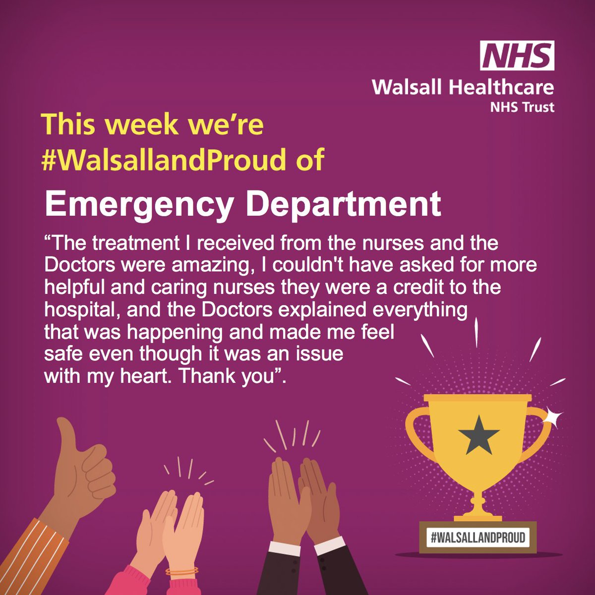 This week we are #WalsallandProud of the Emergency Department! Great work everyone! 😀