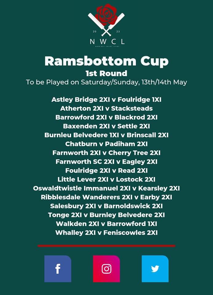 nwcricketleague's tweet photo. Ramsbottom Cup - 1st Round

📅To be played on Saturday/Sunday, 13th/14th May https://t.co/OwWvtiFmWs